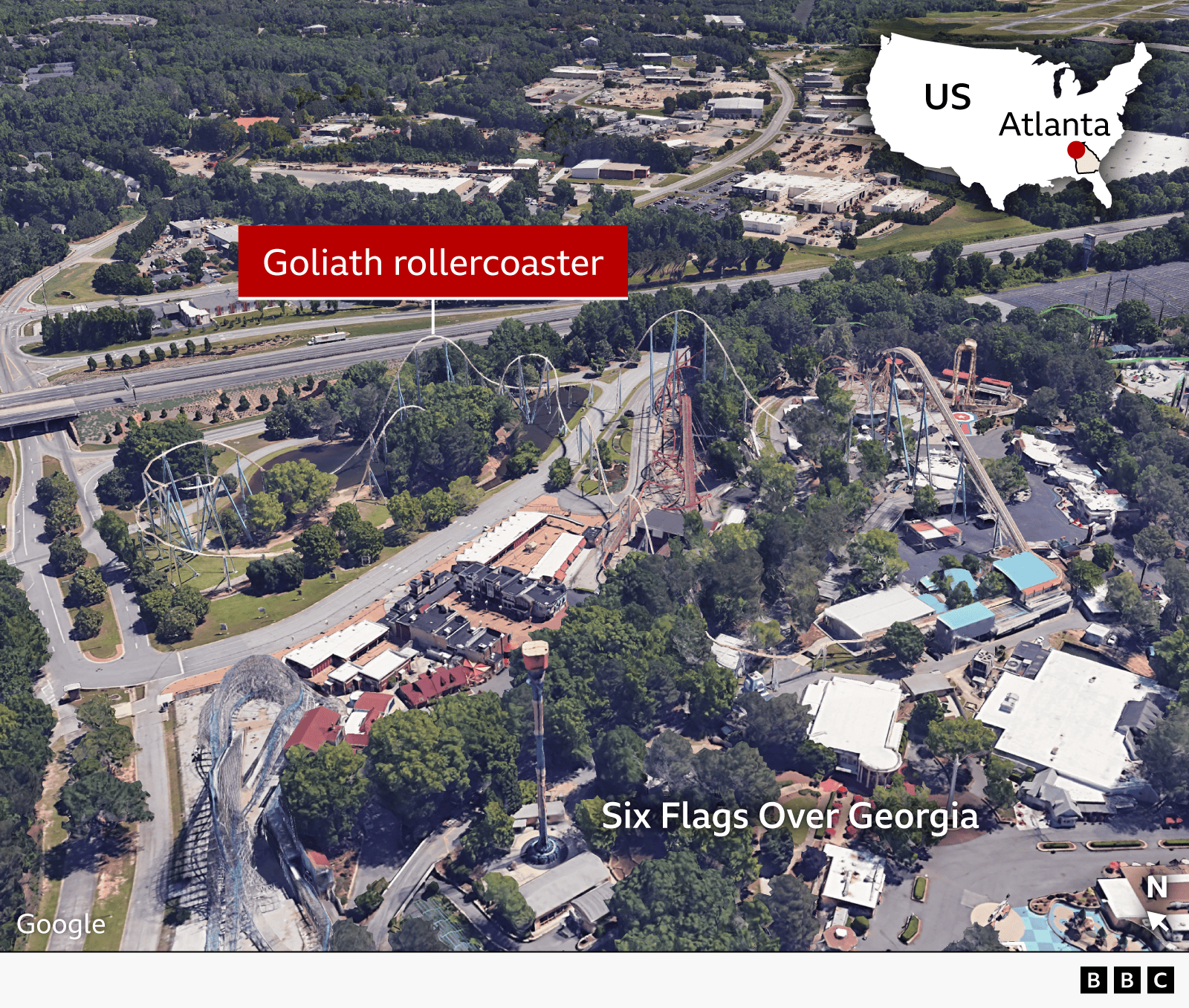 Aerial image of the Goliath rollercoaster at Six Flags Over Georgia